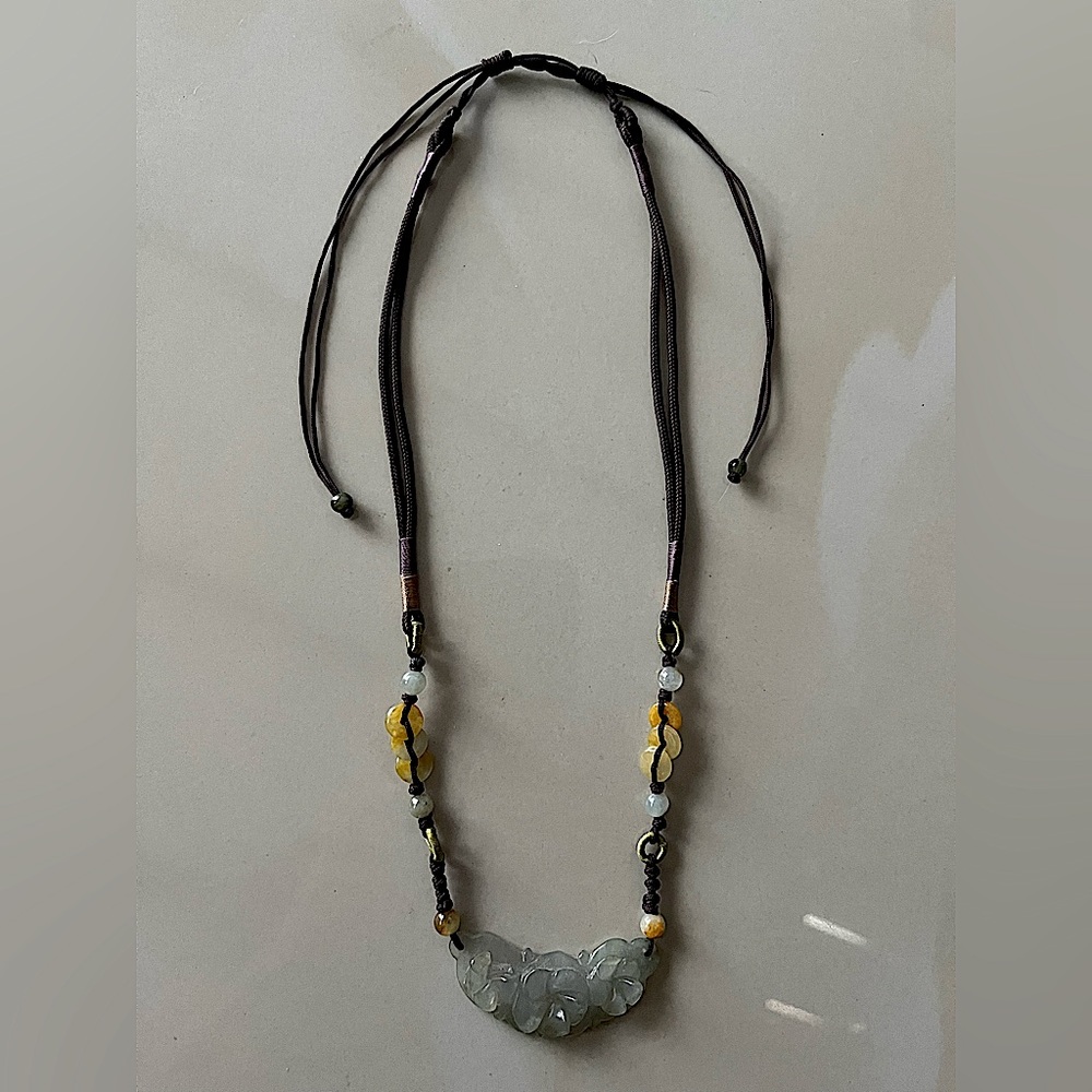 Green Jade, floral, beaded, silk adjustable Necklace